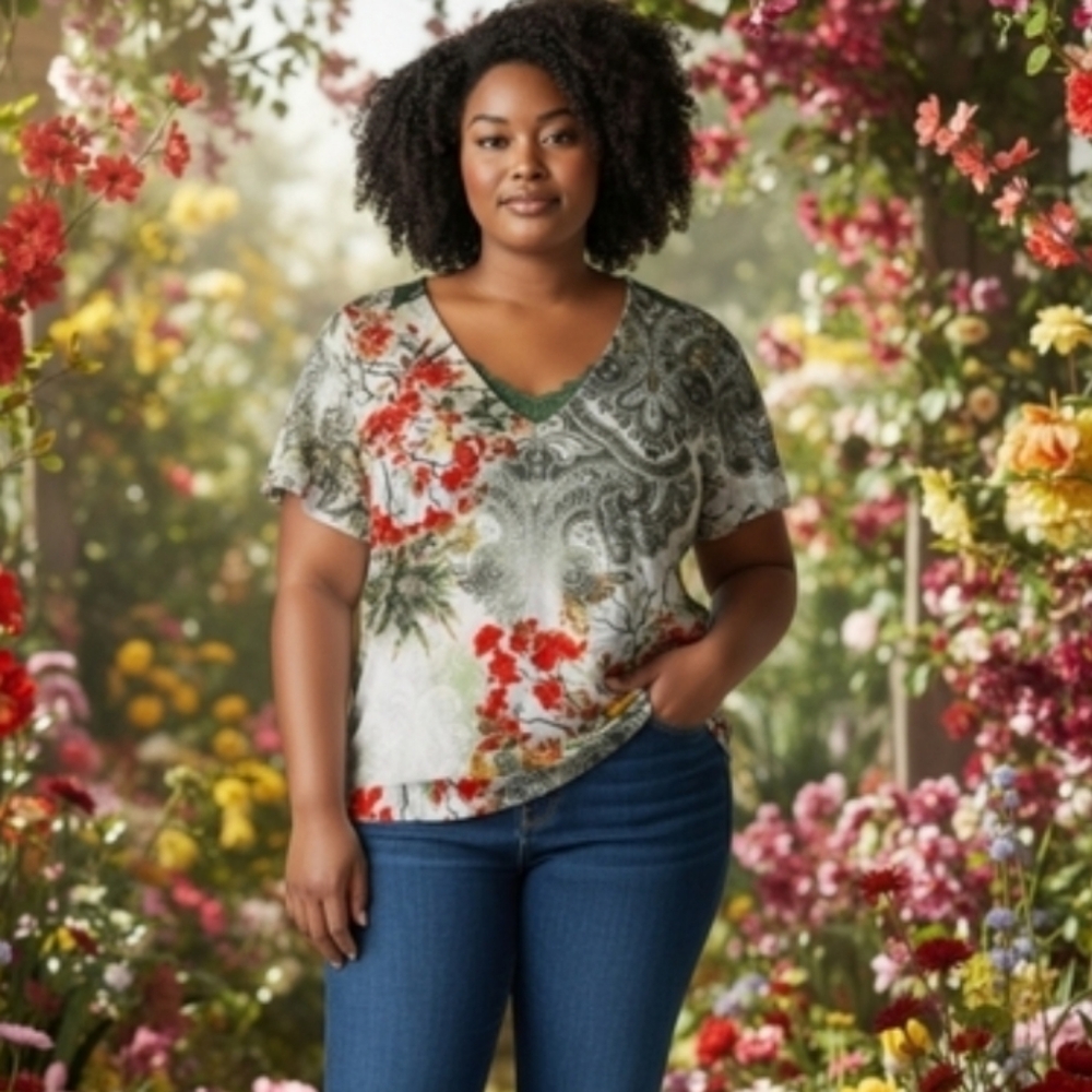 One World Paisley Floral V-Neck Women Top Layered Bohemian Blouse